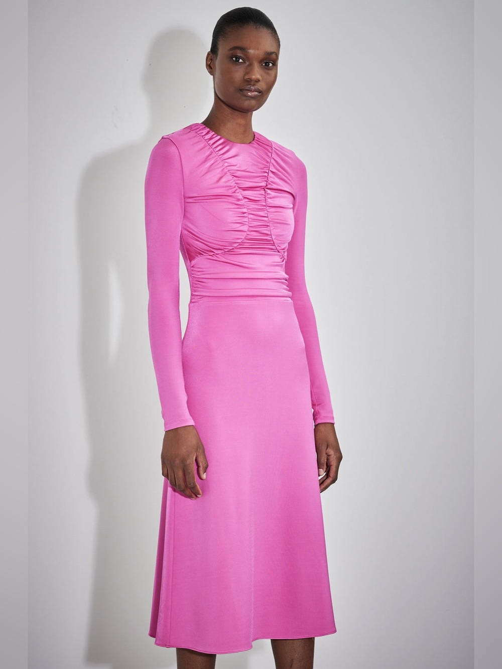 Et Ochs Keasha Ruched Long Sleeve Pink Midi Dress